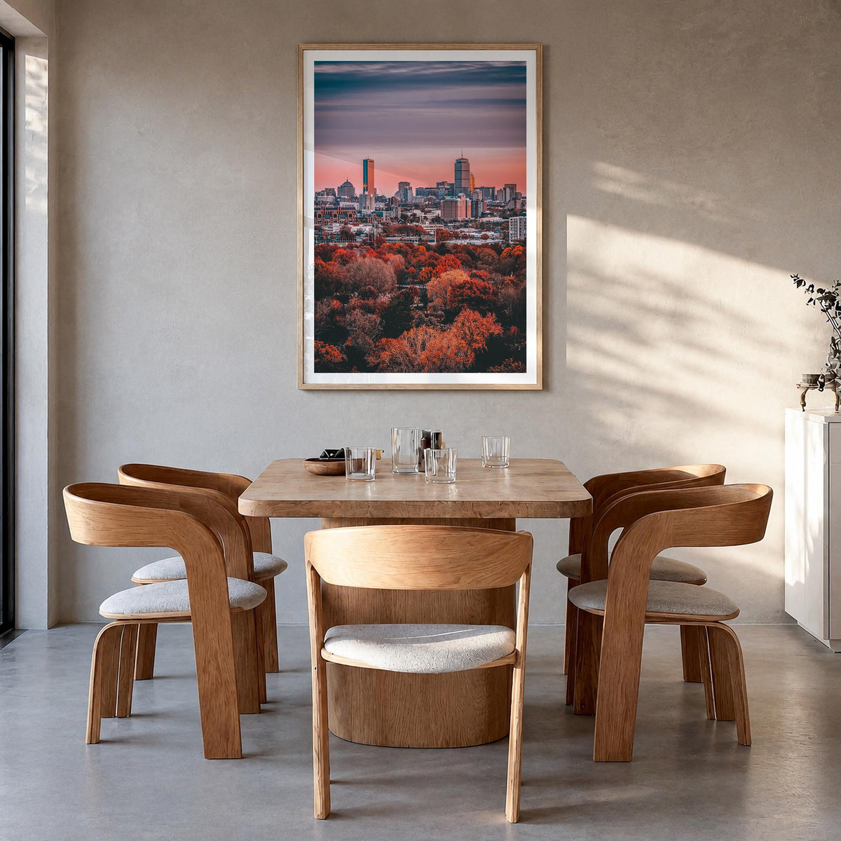Boston no. 3 colorful photo poster of Massachusetts, USA – vertical wall art in natural wood frame with white border, hanging