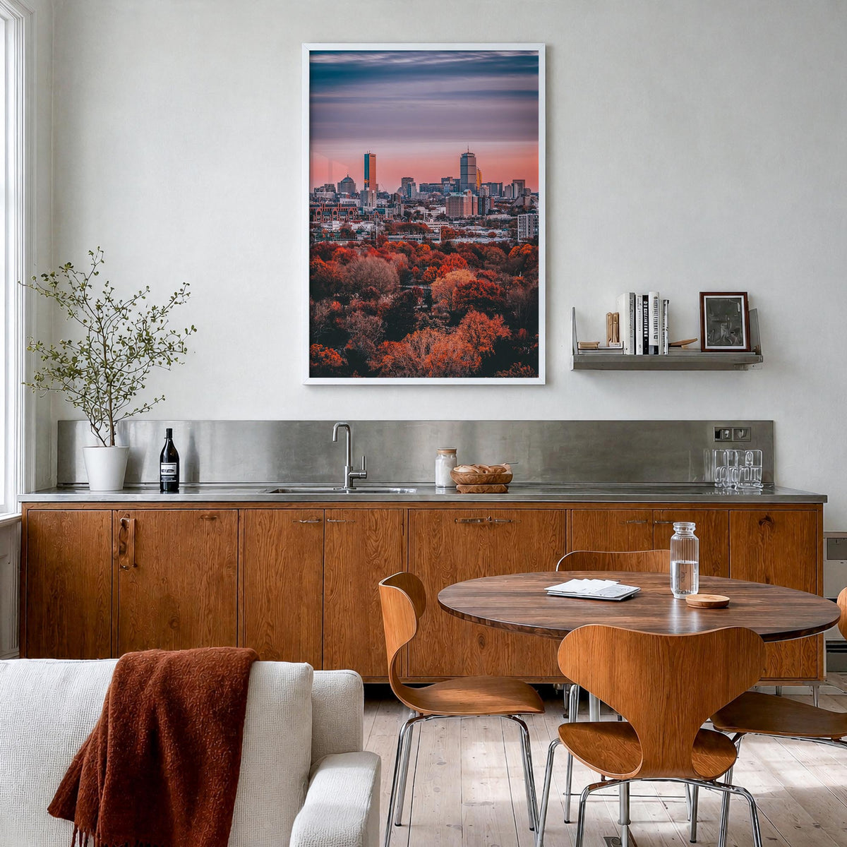 Boston no. 3 colorful photo poster of Massachusetts, USA – vertical wall art in white wood frame, hanging on wall