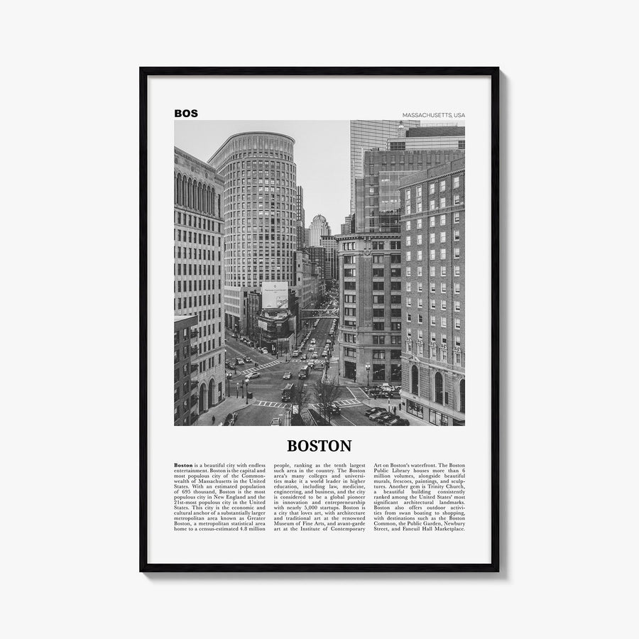 Boston no. 4 black & white newspaper poster of Massachusetts, USA – vertical wall art, unframed print shown in interior mocku
