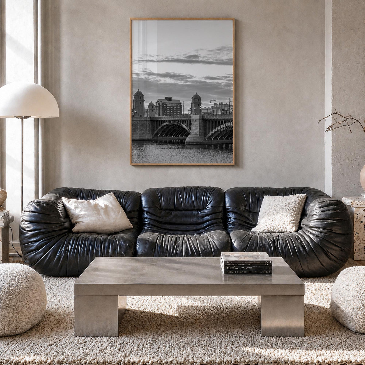 Boston no. 4 black & white photo poster of Massachusetts, USA – vertical wall art in natural wood frame, hanging on wall