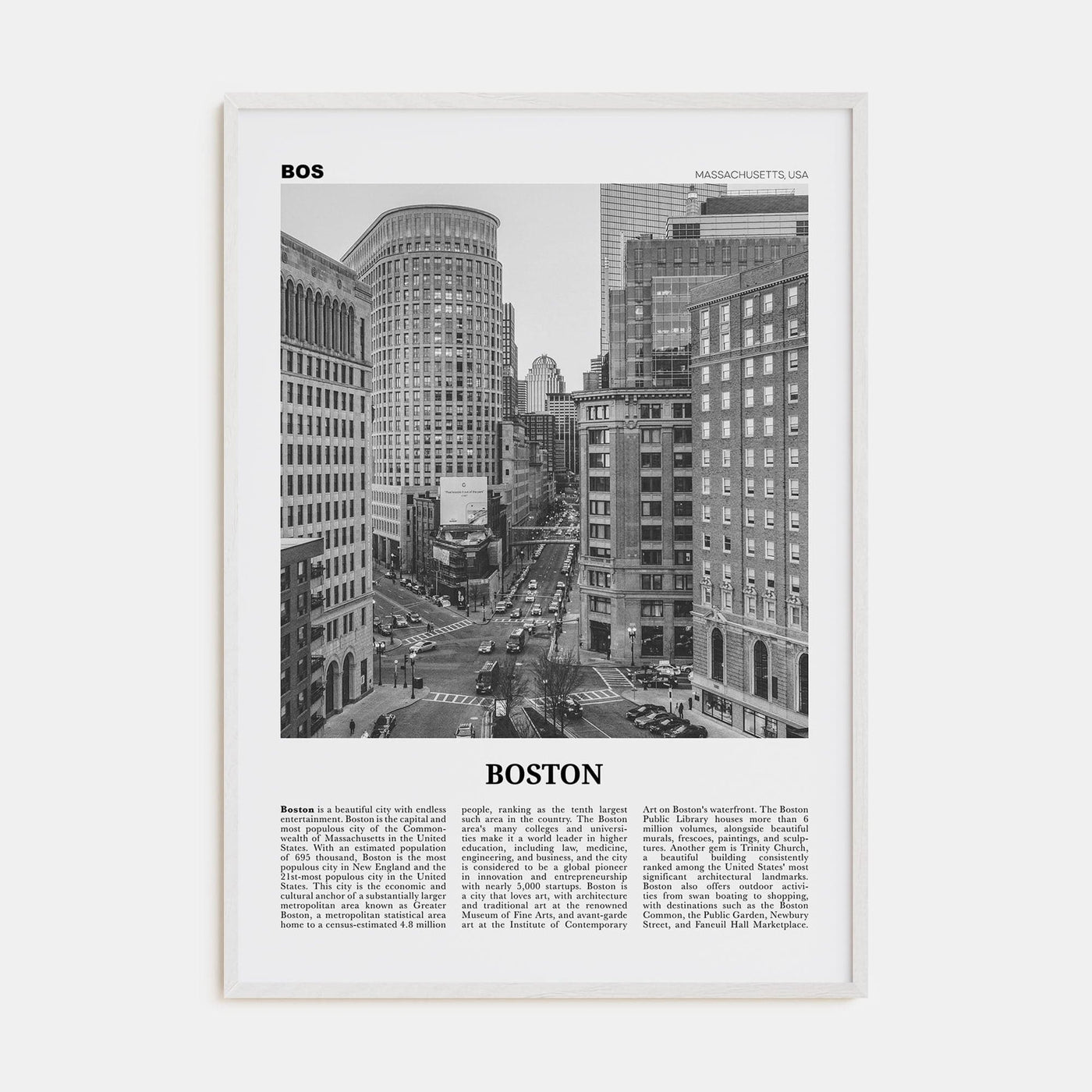 Boston No 4 Poster White Wood / 8x12 in Nbourhood Travel B&W Poster