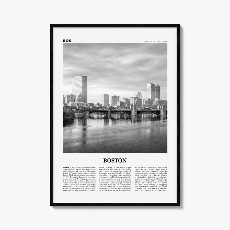 Boston no. 5 black & white newspaper poster of Massachusetts, USA – vertical wall art, unframed print shown in interior mocku