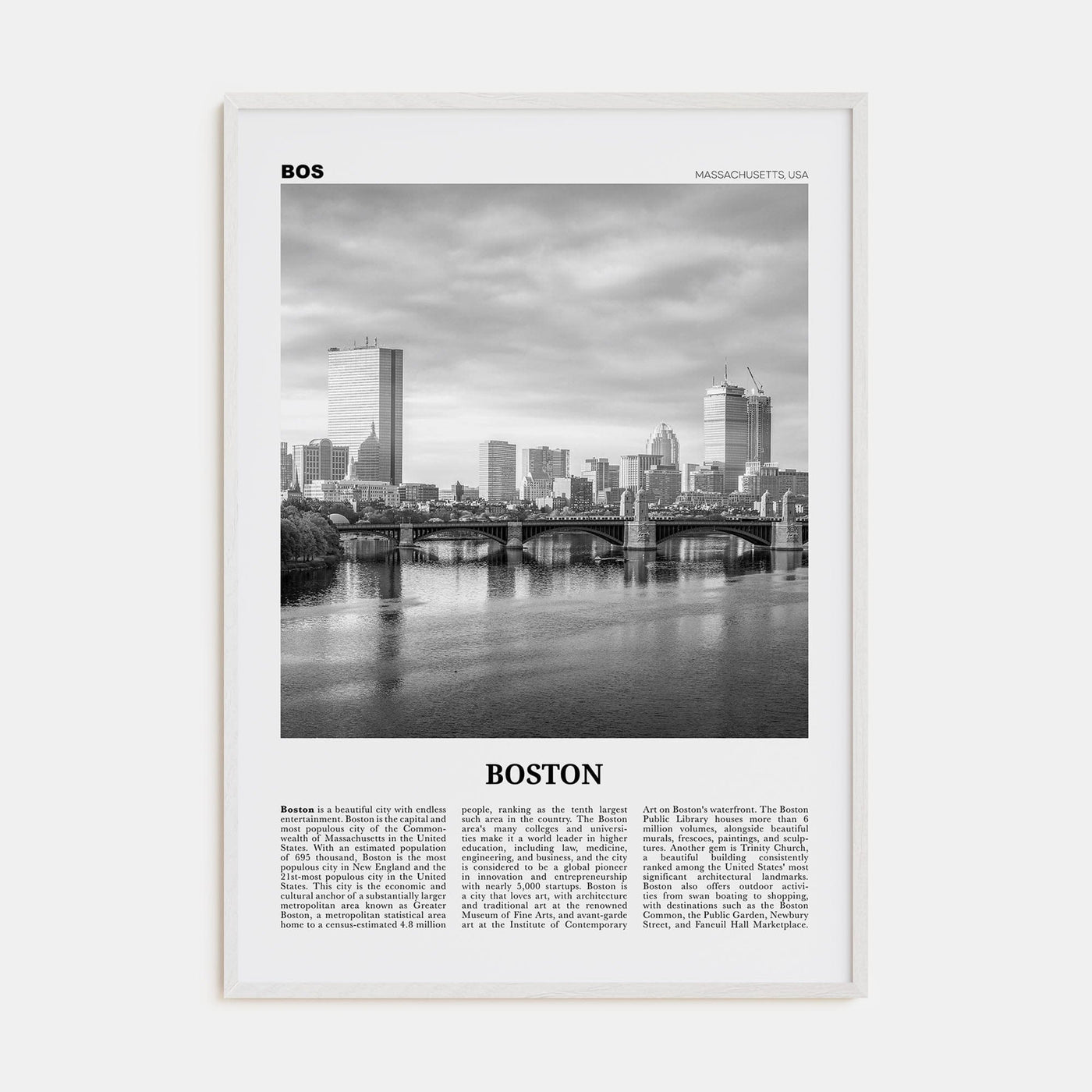 Boston No 5 Poster White Wood / 8x12 in Nbourhood Travel B&W Poster