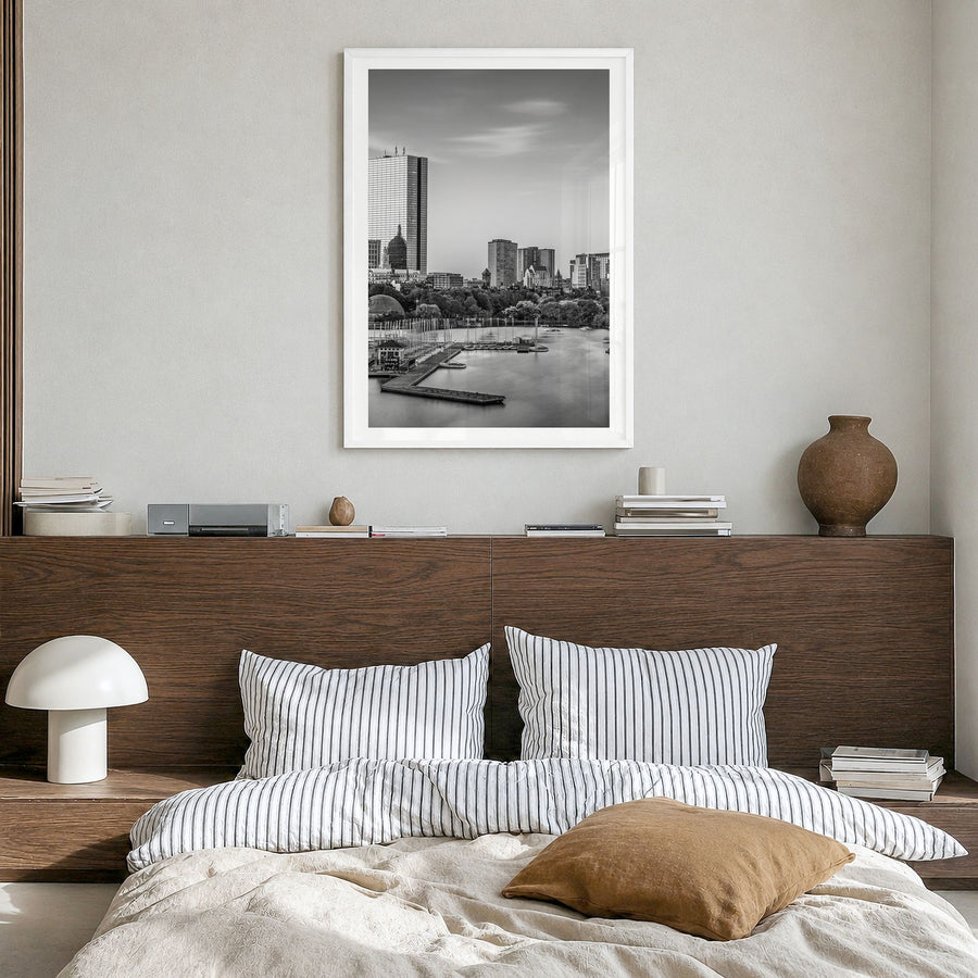 Boston Photo No 2 Poster in a white wood frame, hanging in a bedroom, white border