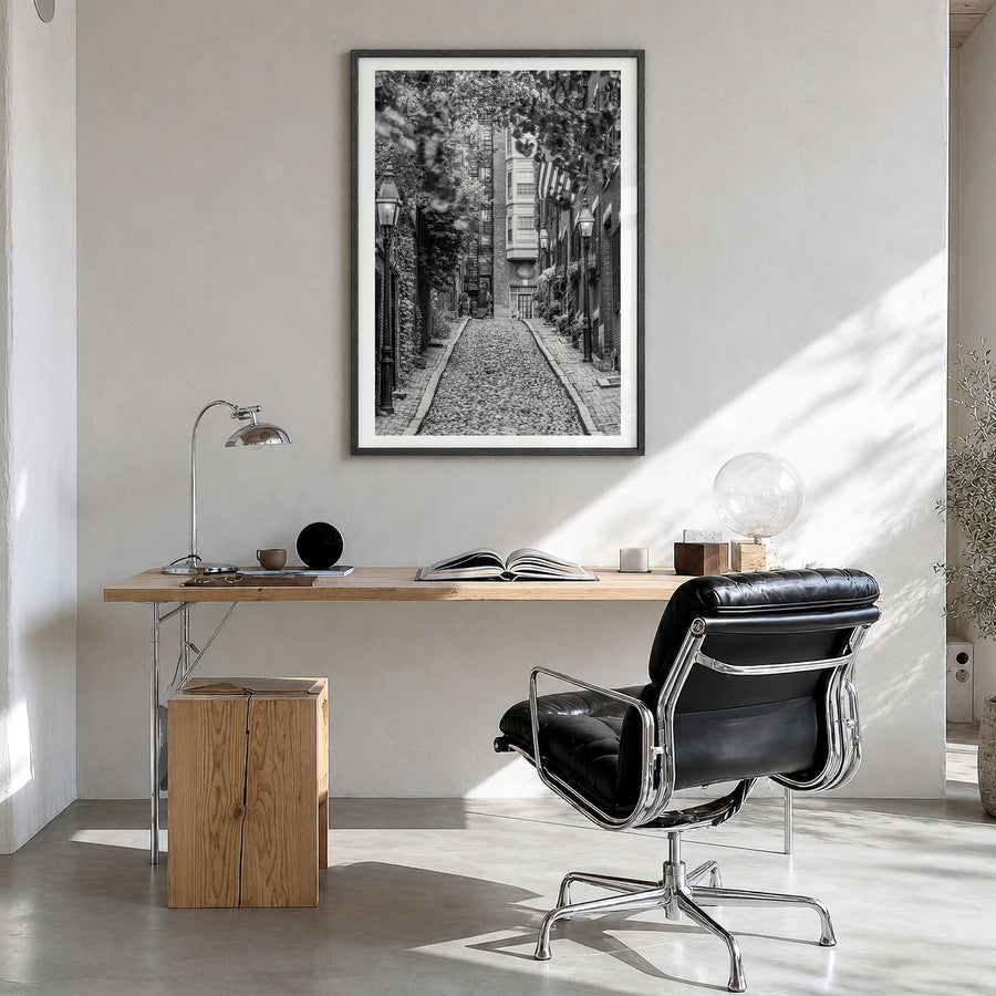 Boston Photo No 3 Poster in a black wood frame, hanging in a bright home office, white border