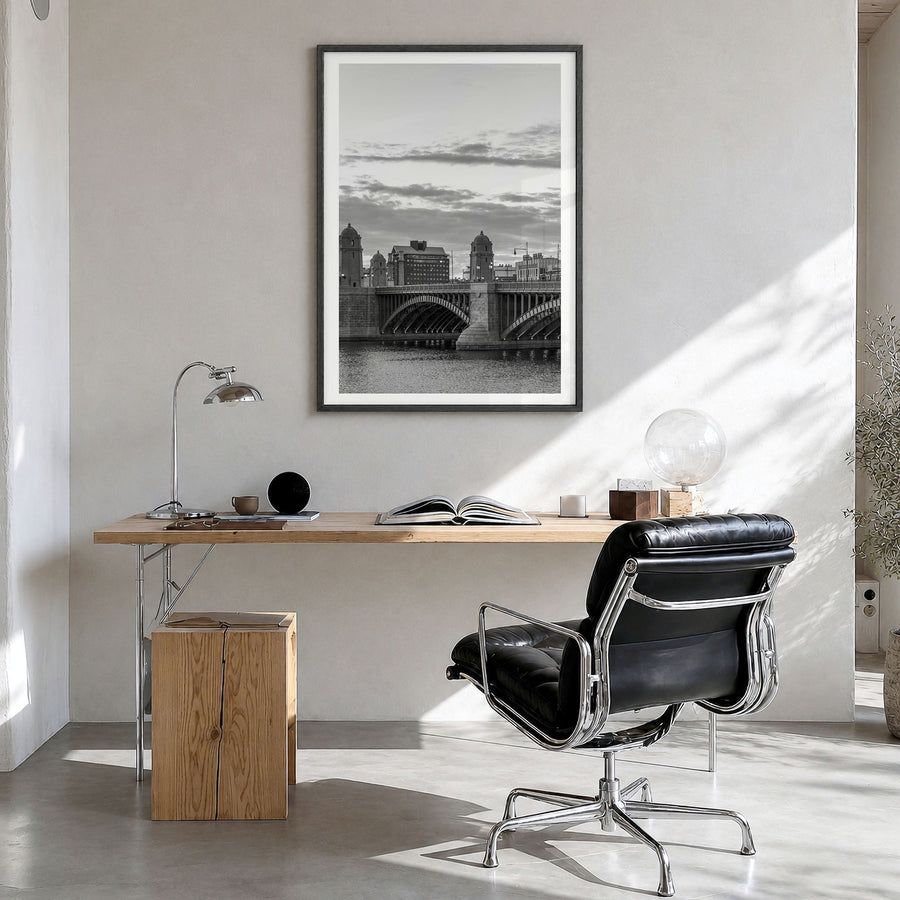 Boston Photo No 4 Poster in a black wood frame, hanging in a bright home office, white border