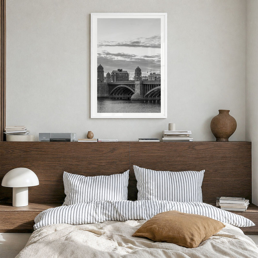 Boston Photo No 4 Poster in a white wood frame, hanging in a bedroom, white border