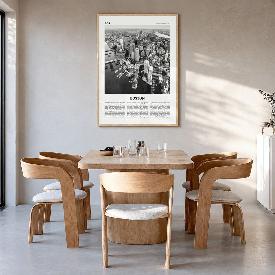 Boston Newspaper No 1 Poster in a natural wood frame, hanging in a dining room
