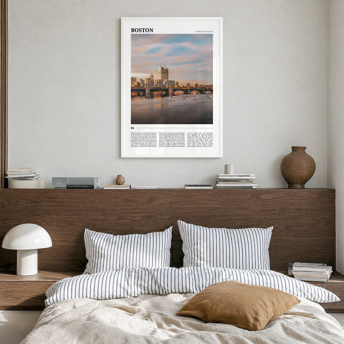Boston Travel No 2 Poster in a white wood frame, hanging in a bedroom