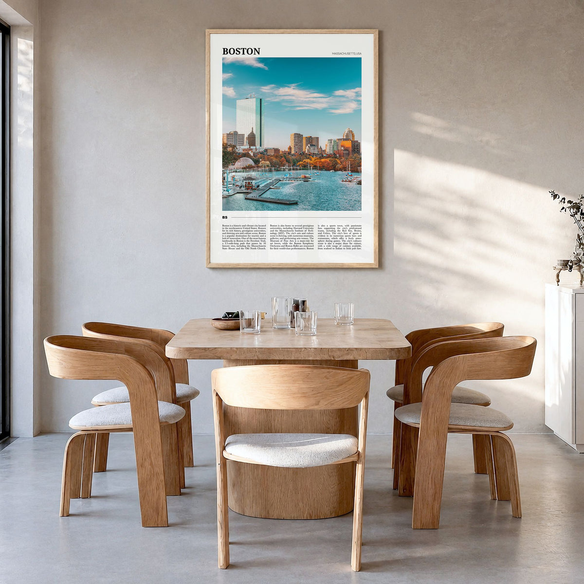 Boston Travel No 3 Poster in a natural wood frame, hanging in a dining room
