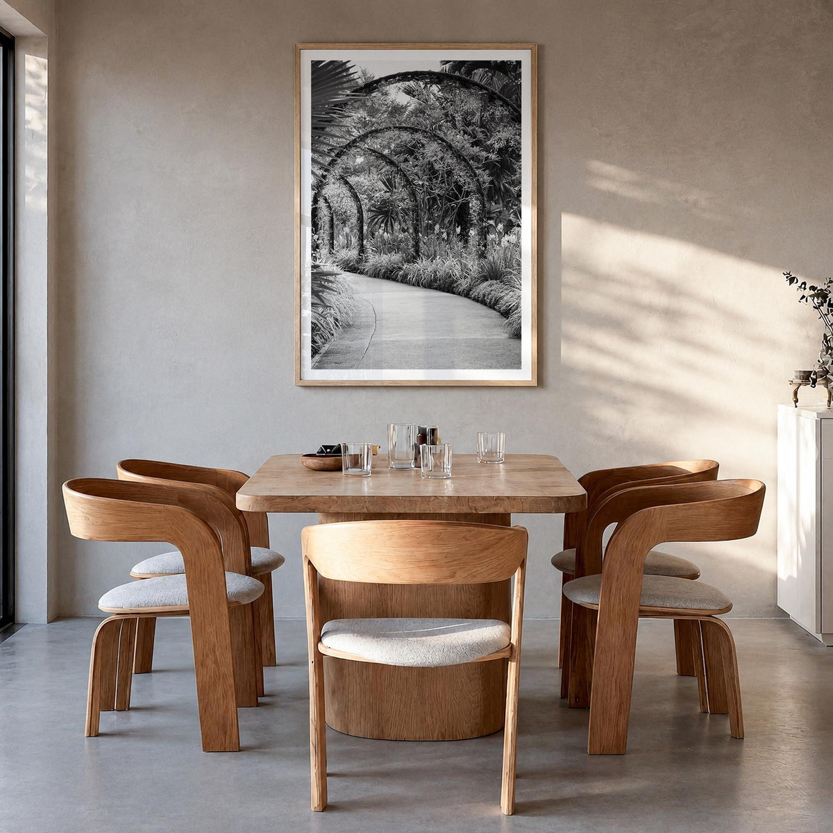 Botanical Garden no. 2 black & white photo poster – vertical wall art in natural wood frame with white border, hanging on wal