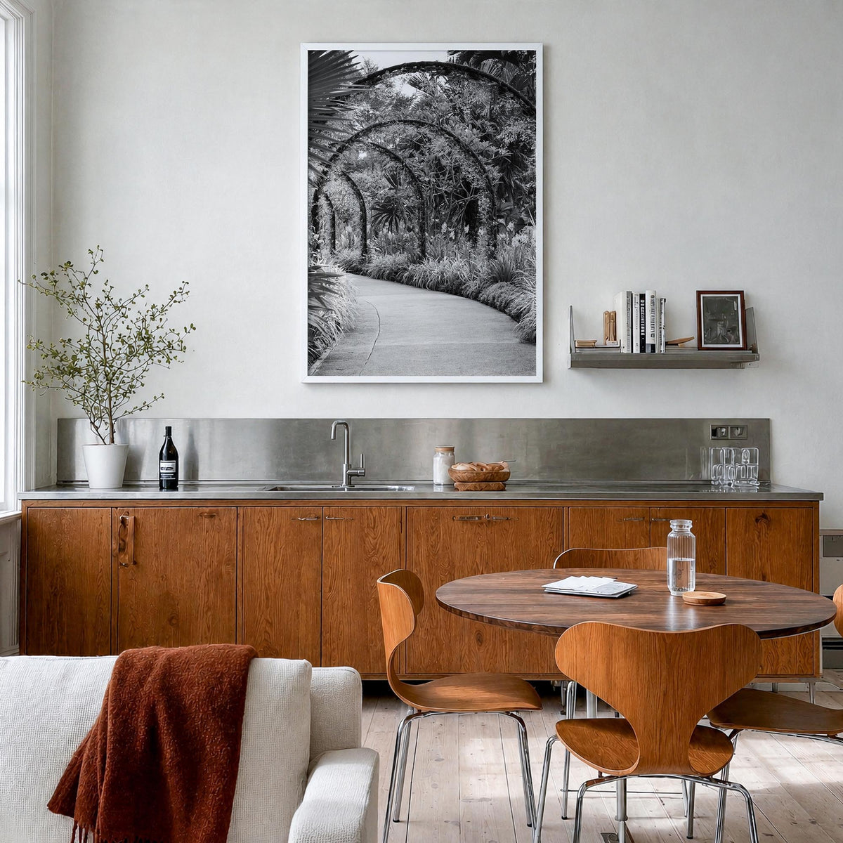 Botanical Garden no. 2 black & white photo poster – vertical wall art in white wood frame, hanging on wall