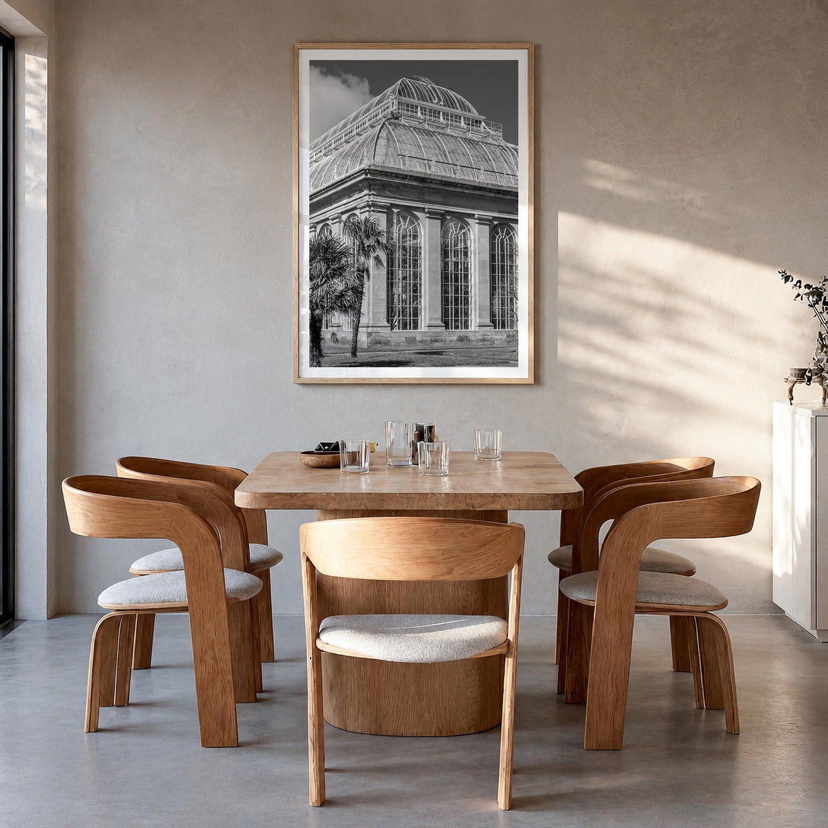 Botanical Garden no. 3 black & white photo poster – vertical wall art in natural wood frame with white border, hanging on wal