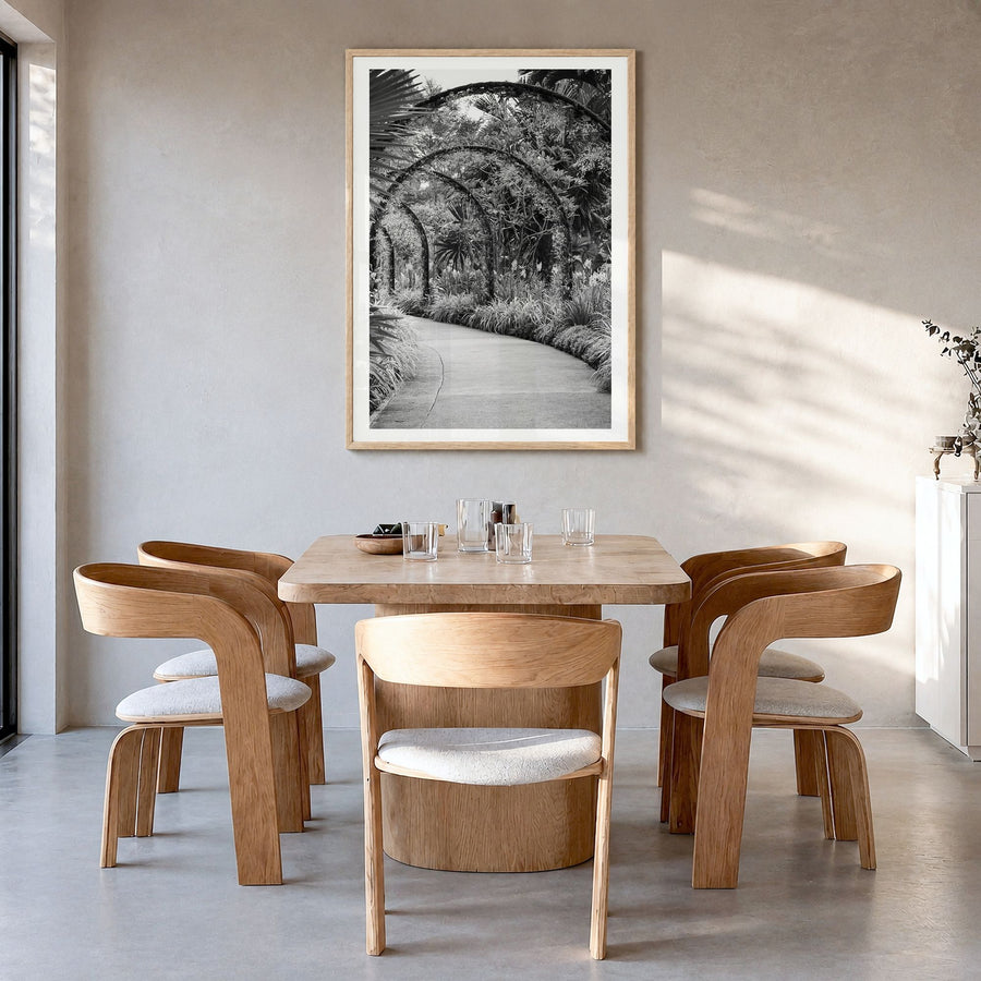 Botanical Garden Photo No 2 Poster in a natural wood frame, hanging in a dining room, white border