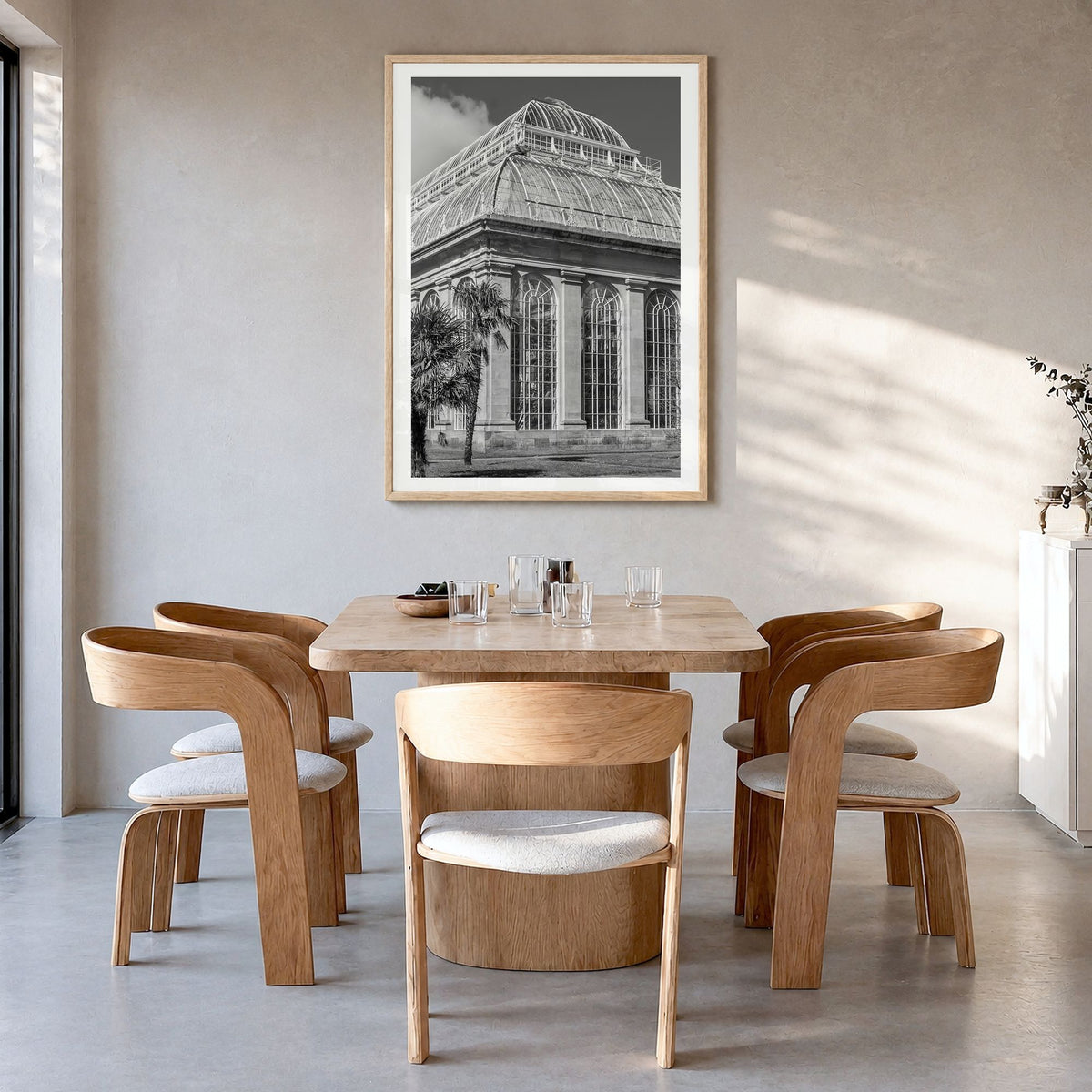Botanical Garden Photo No 3 Poster in a natural wood frame, hanging in a dining room, white border