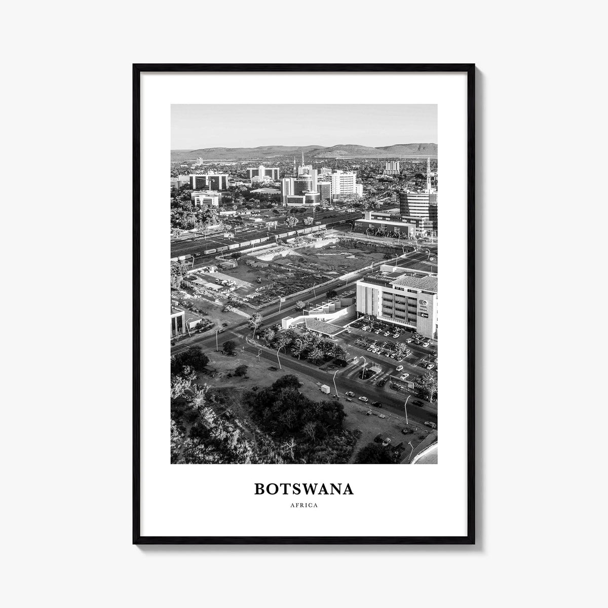 Botswana black & white classic poster of Africa – vertical wall art, unframed print shown in interior mockup