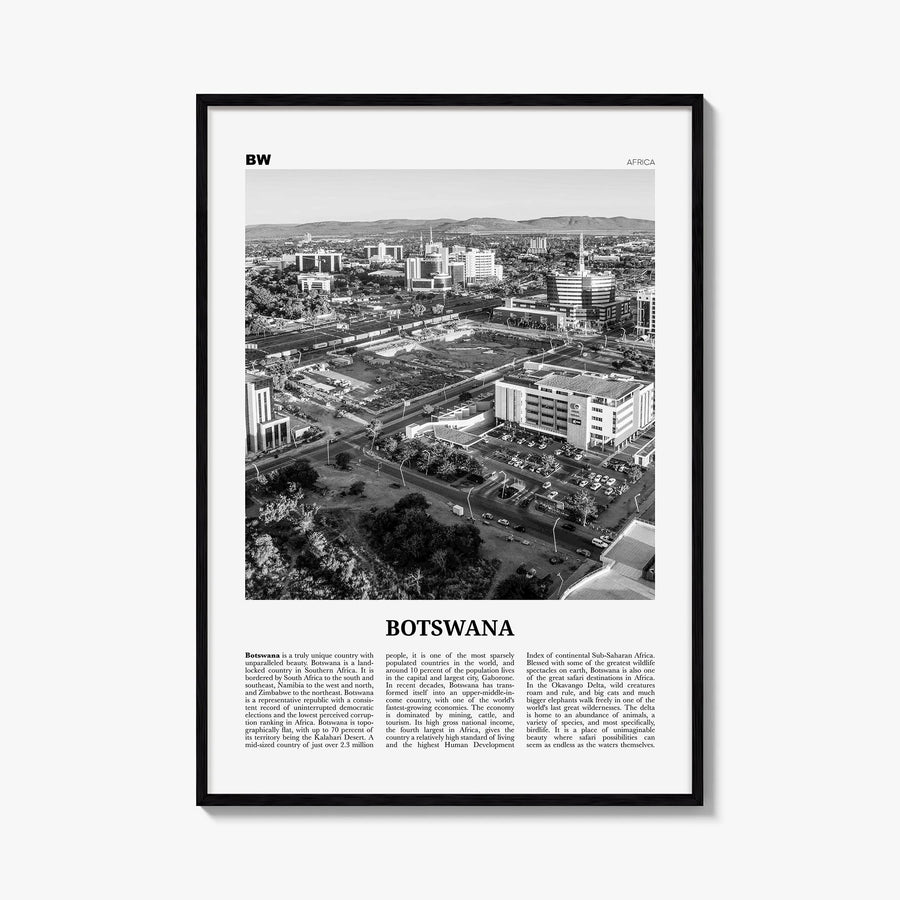 Botswana black & white newspaper poster of Africa – vertical wall art, unframed print shown in interior mockup