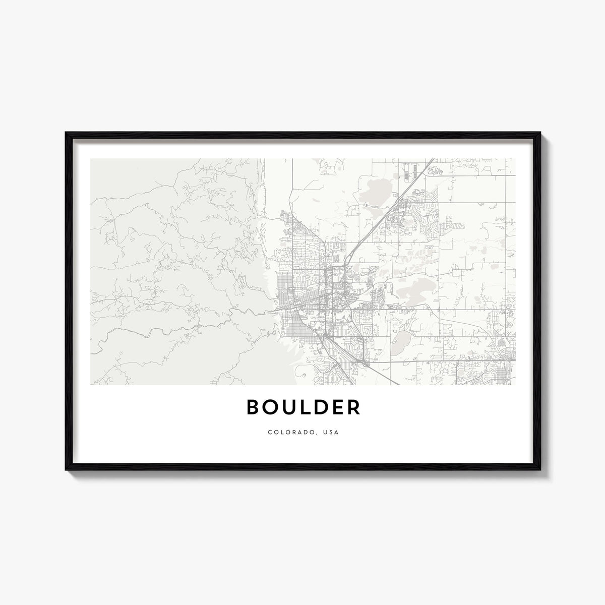 Boulder black & white map poster of Colorado, USA – horizontal wall art, unframed print shown in interior mockup