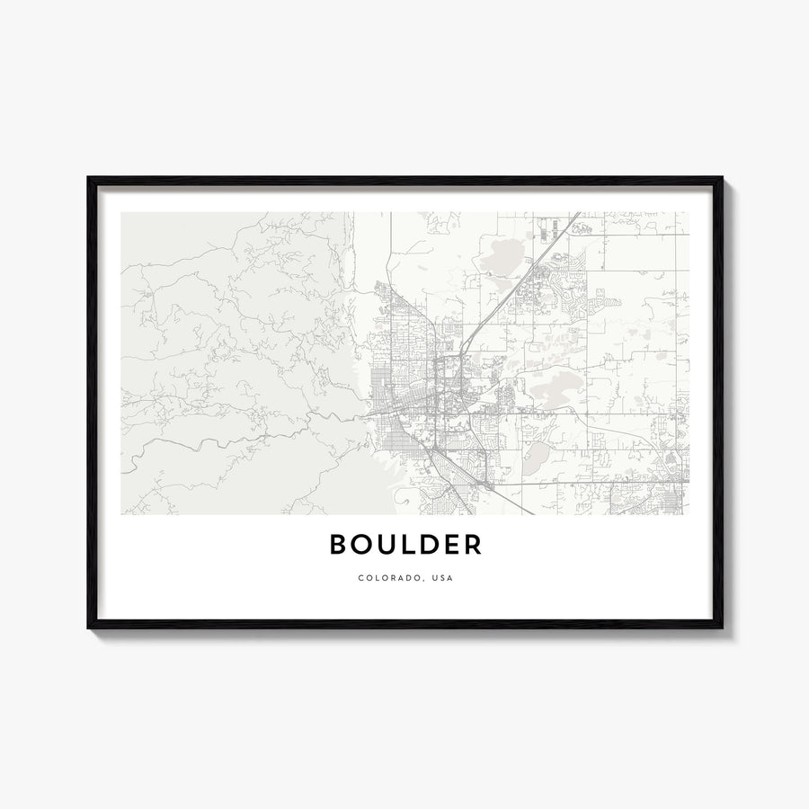 Boulder black & white map poster of Colorado, USA – horizontal wall art, unframed print shown in interior mockup