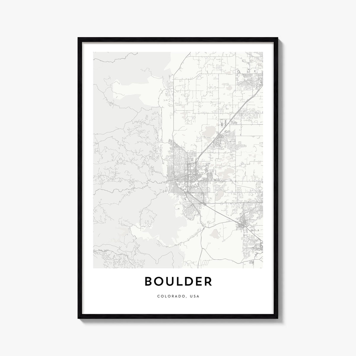 Boulder black & white map poster of Colorado, USA – vertical wall art, unframed print shown in interior mockup