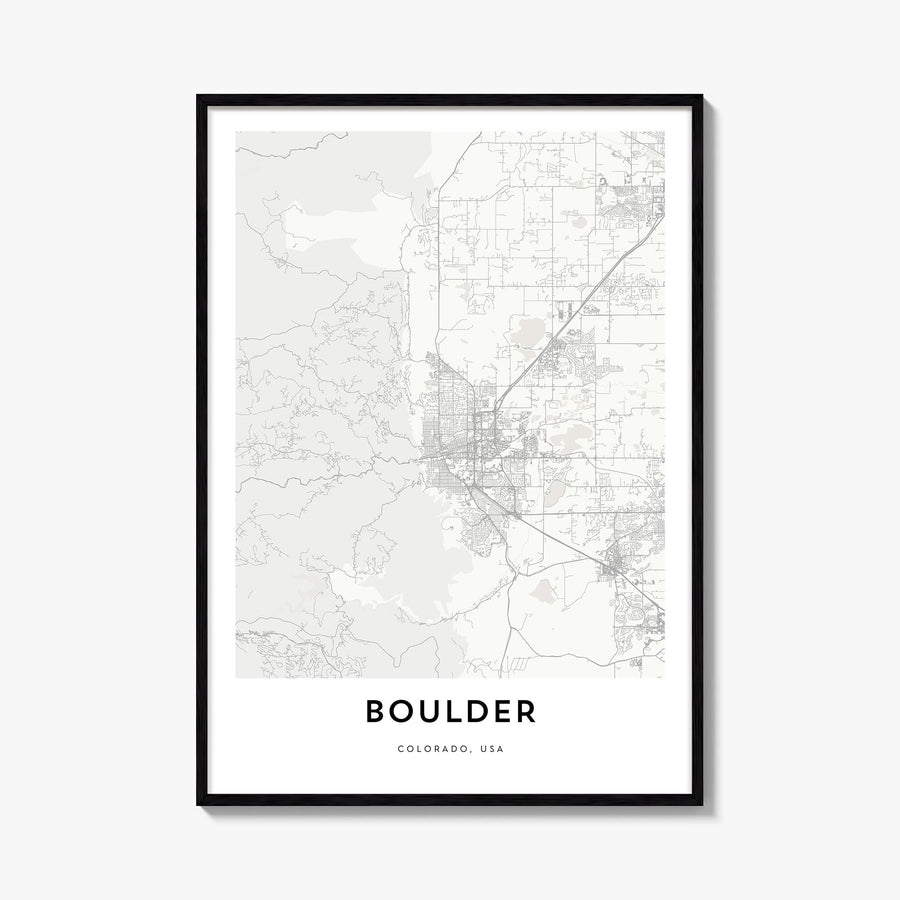 Boulder black & white map poster of Colorado, USA – vertical wall art, unframed print shown in interior mockup