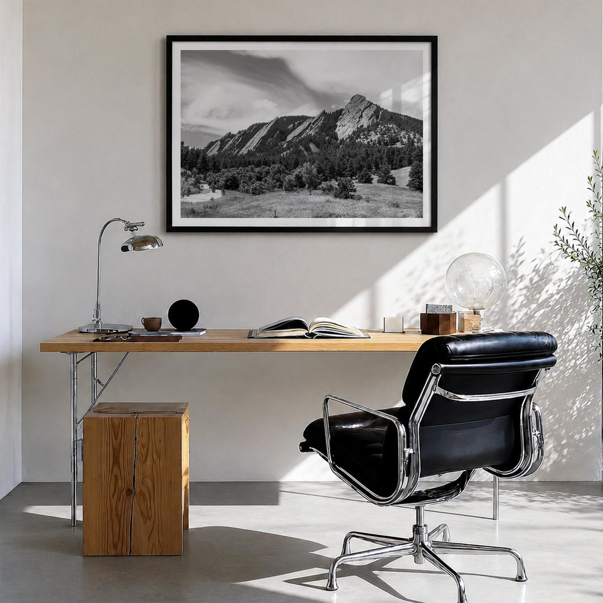 Boulder black & white photo poster of Colorado, USA – horizontal wall art in black wood frame with white border, hanging on w