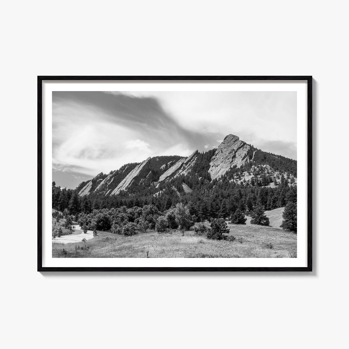 Boulder black & white photo poster of Colorado, USA – horizontal wall art, unframed print shown in interior mockup