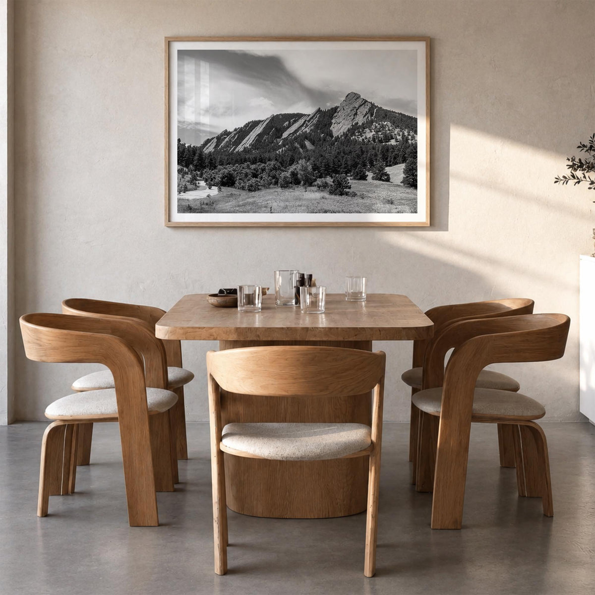 Boulder black & white photo poster of Colorado, USA – horizontal wall art in natural wood frame with white border, hanging on