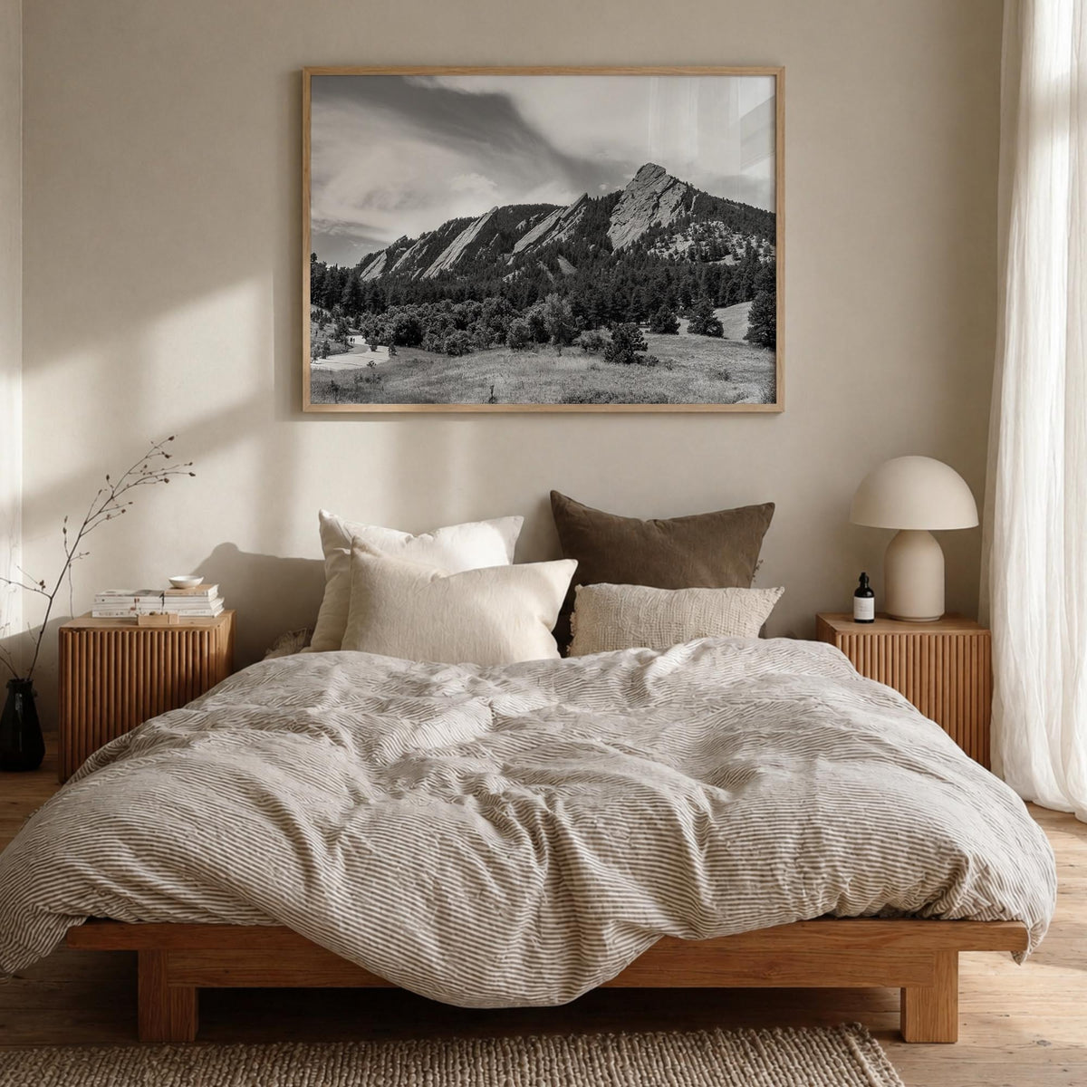 Boulder black & white photo poster of Colorado, USA – horizontal wall art in natural wood frame, hanging on wall