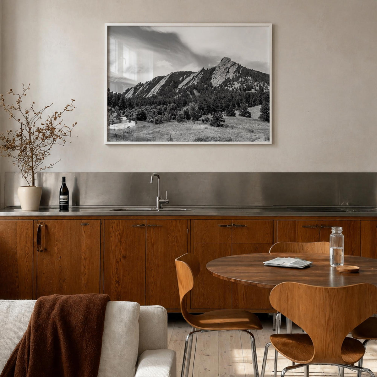 Boulder black & white photo poster of Colorado, USA – horizontal wall art in white wood frame, hanging on wall