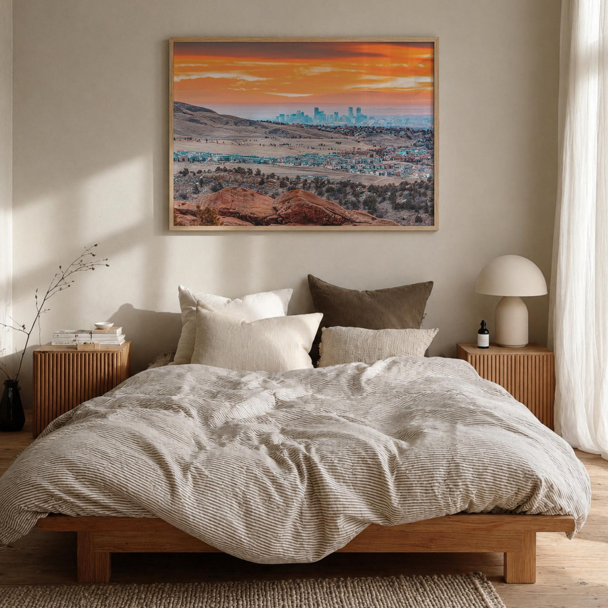 Boulder colorful photo poster of Colorado, USA – horizontal wall art in natural wood frame, hanging on wall
