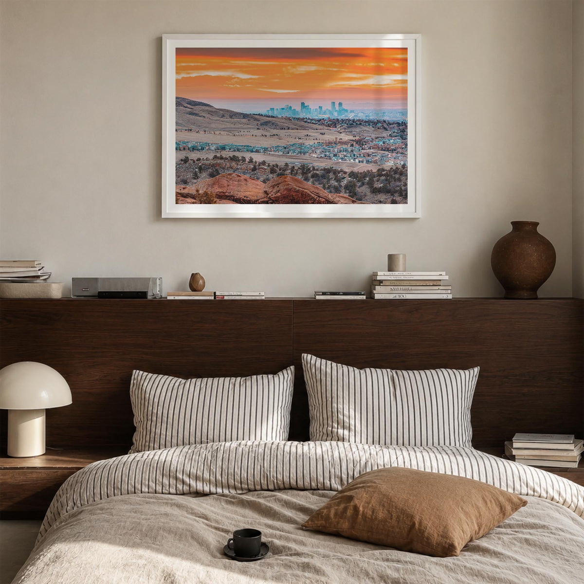 Boulder colorful photo poster of Colorado, USA – horizontal wall art in white wood frame with white border, hanging on wall