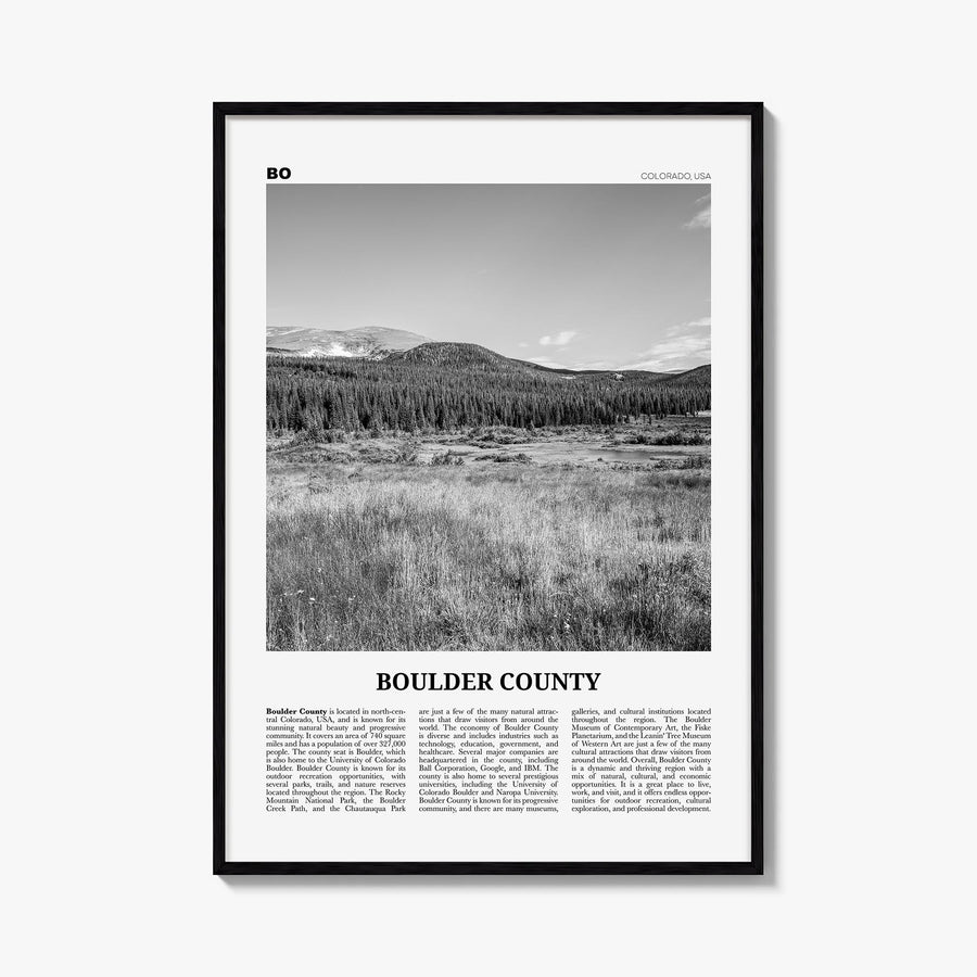 Boulder County black & white newspaper poster of Colorado, USA – vertical wall art, unframed print shown in interior mockup