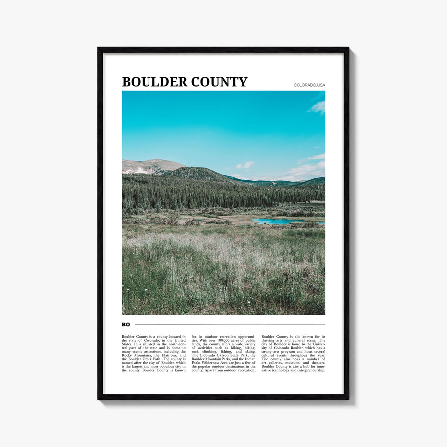 Boulder County colorful travel poster of Colorado, USA – vertical wall art, unframed print shown in interior mockup