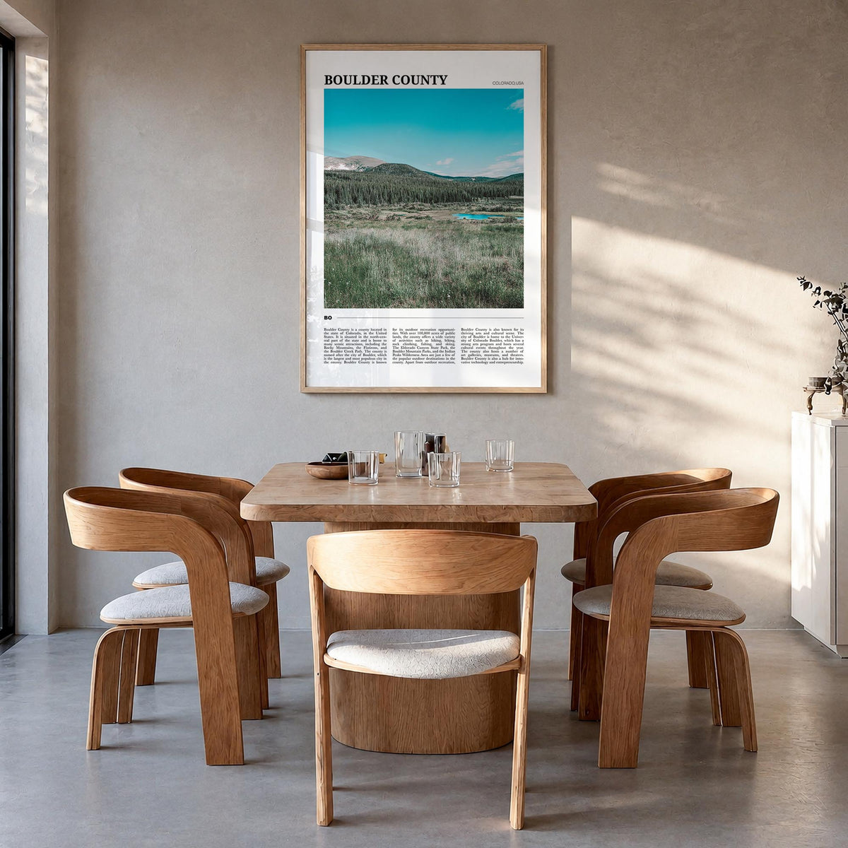 Boulder County colorful travel poster of Colorado, USA – vertical wall art in natural wood frame, hanging on wall