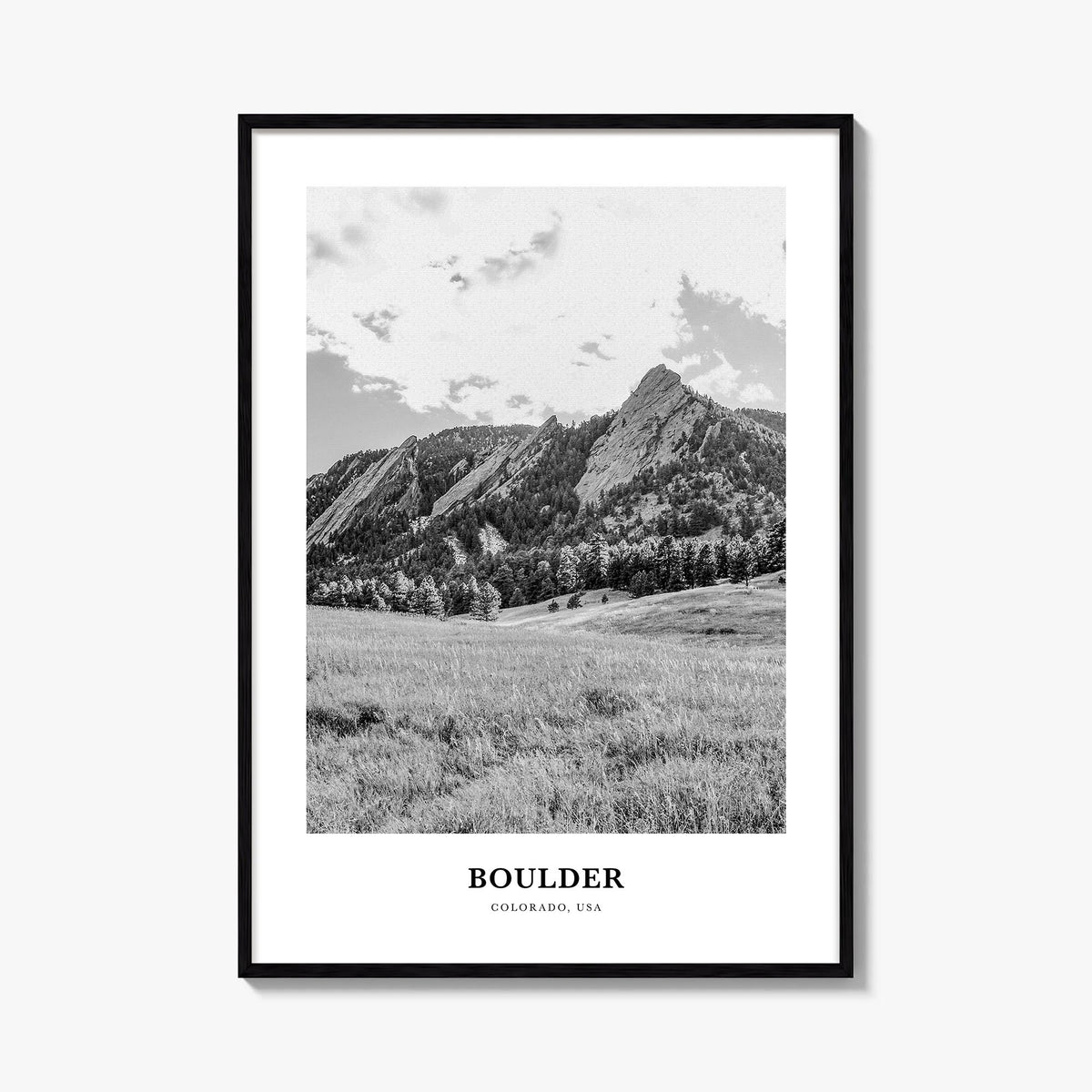 Boulder no. 1 black & white classic poster of Colorado, USA – vertical wall art, unframed print shown in interior mockup