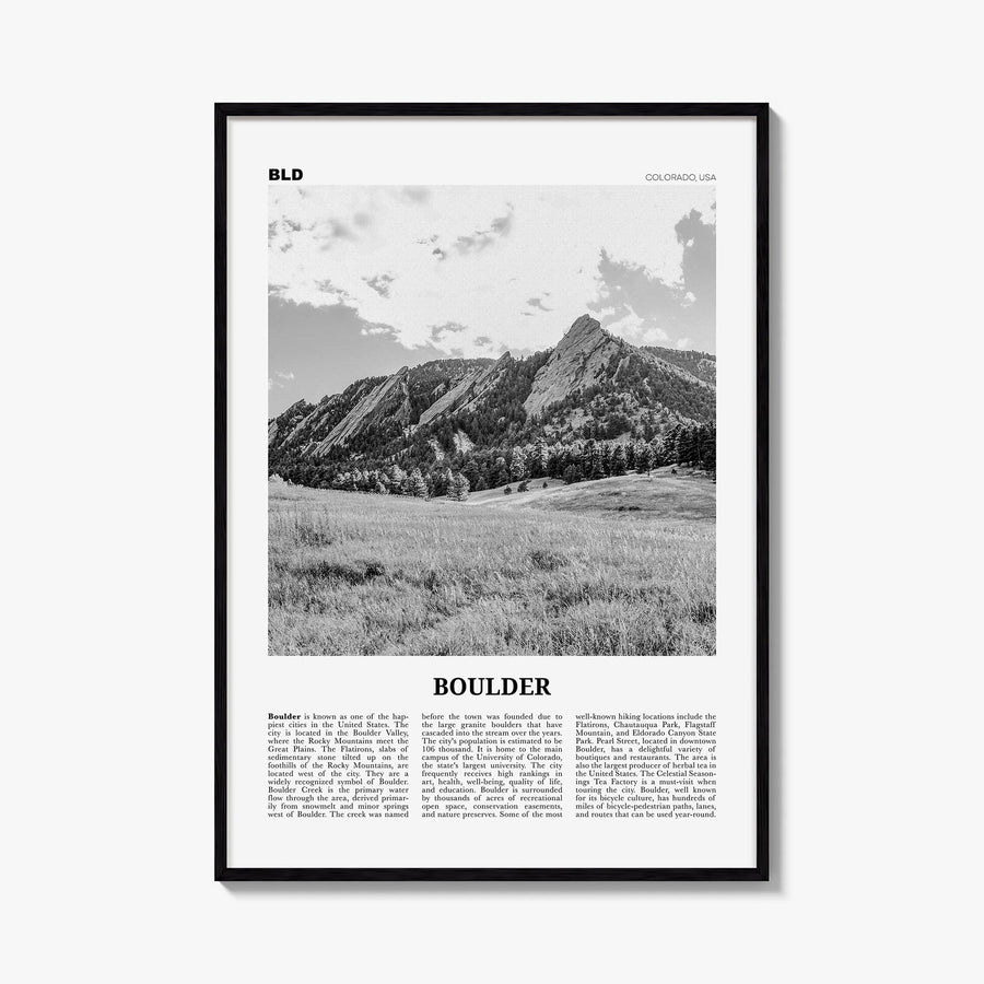 Boulder no. 1 black & white newspaper poster of Colorado, USA – vertical wall art, unframed print shown in interior mockup