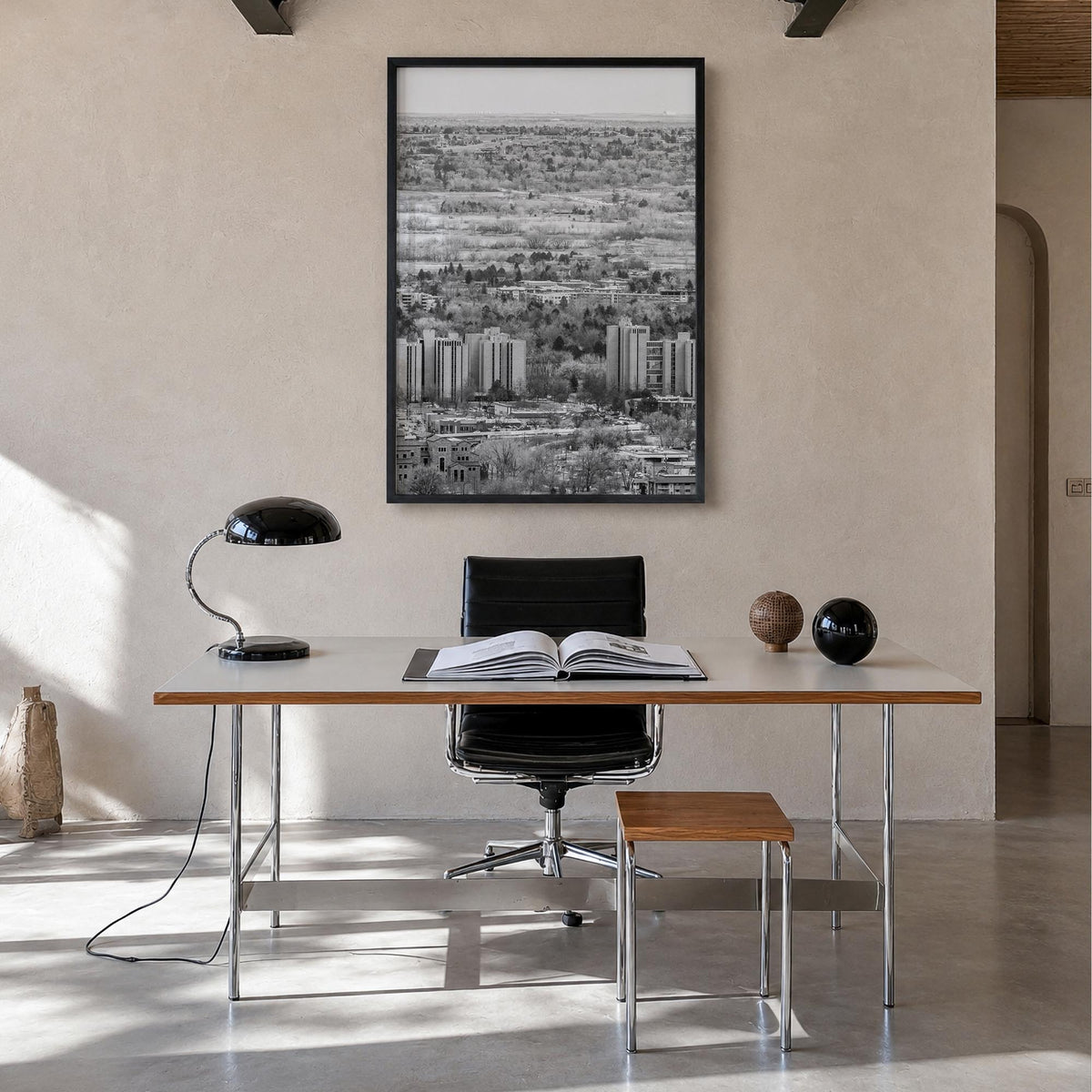 Boulder no. 1 black & white photo poster of Colorado, USA – vertical wall art in black wood frame, hanging on wall