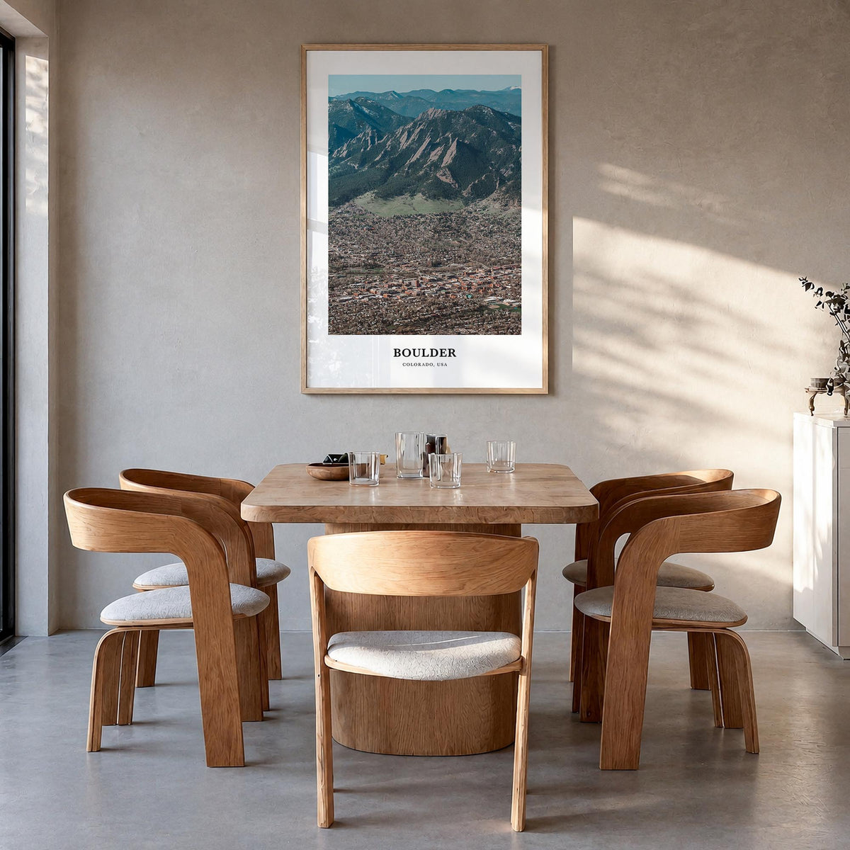 Boulder no. 1 colorful classic poster of Colorado, USA – vertical wall art in natural wood frame, hanging on wall