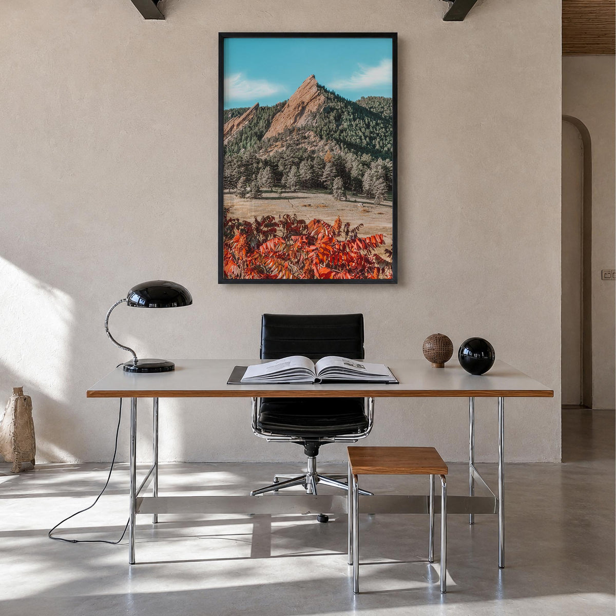 Boulder no. 1 colorful photo poster of Colorado, USA – vertical wall art in black wood frame, hanging on wall