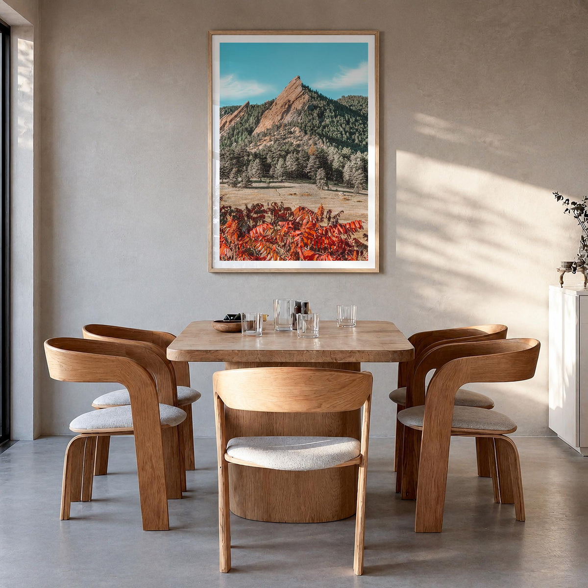 Boulder no. 1 colorful photo poster of Colorado, USA – vertical wall art in natural wood frame with white border, hanging on 