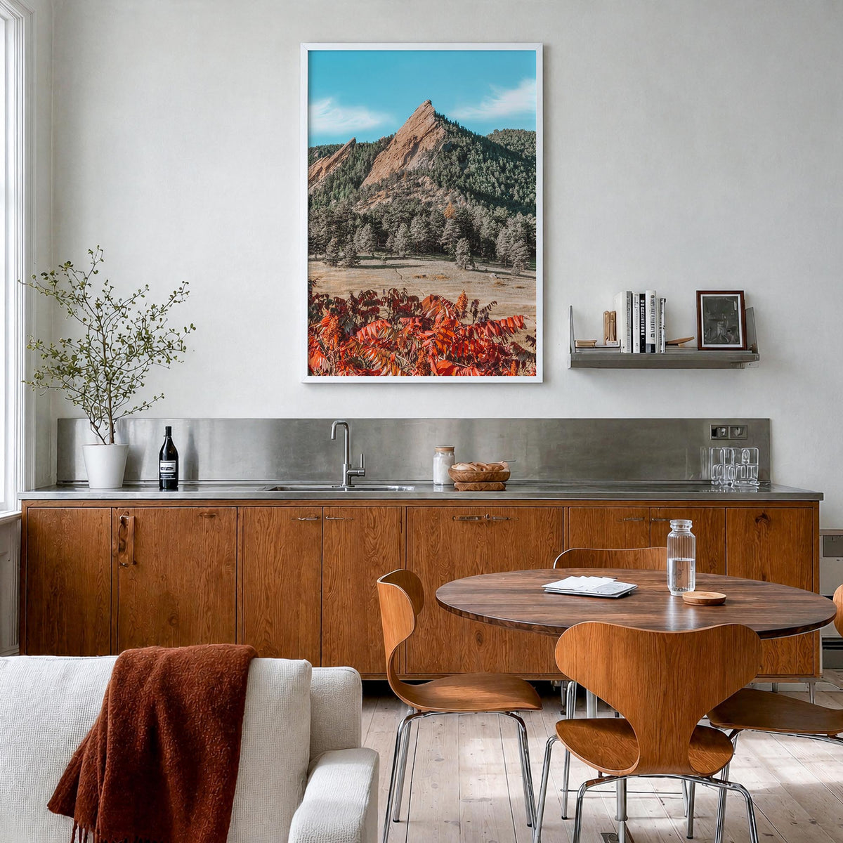 Boulder no. 1 colorful photo poster of Colorado, USA – vertical wall art in white wood frame, hanging on wall