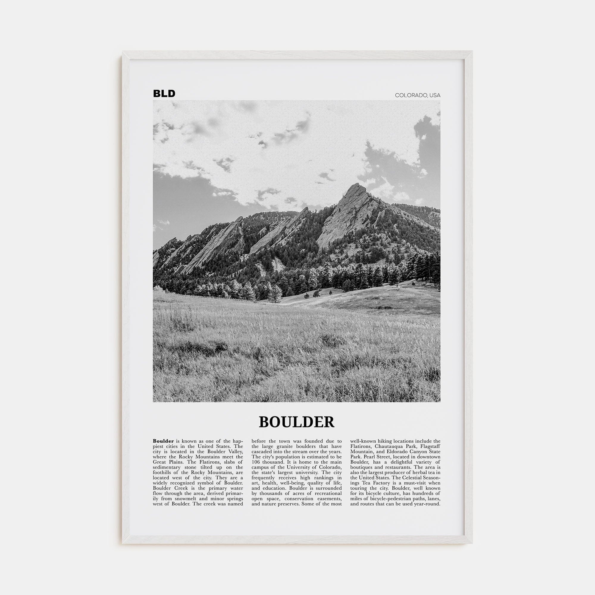 Boulder No 1 Poster White Wood / 8x12 in Nbourhood Travel B&W Poster