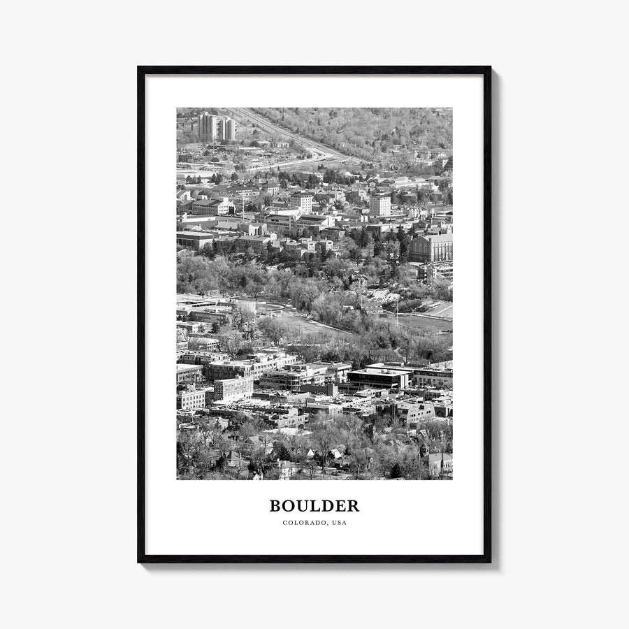 Boulder no. 2 black & white classic poster of Colorado, USA – vertical wall art, unframed print shown in interior mockup