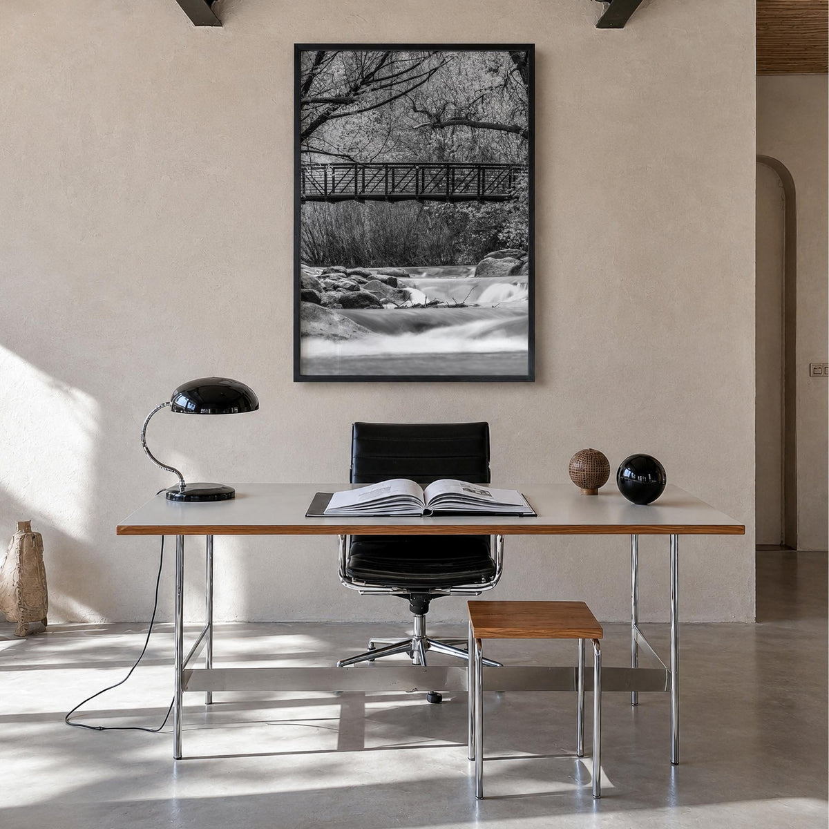 Boulder no. 2 black & white photo poster of Colorado, USA – vertical wall art in black wood frame, hanging on wall