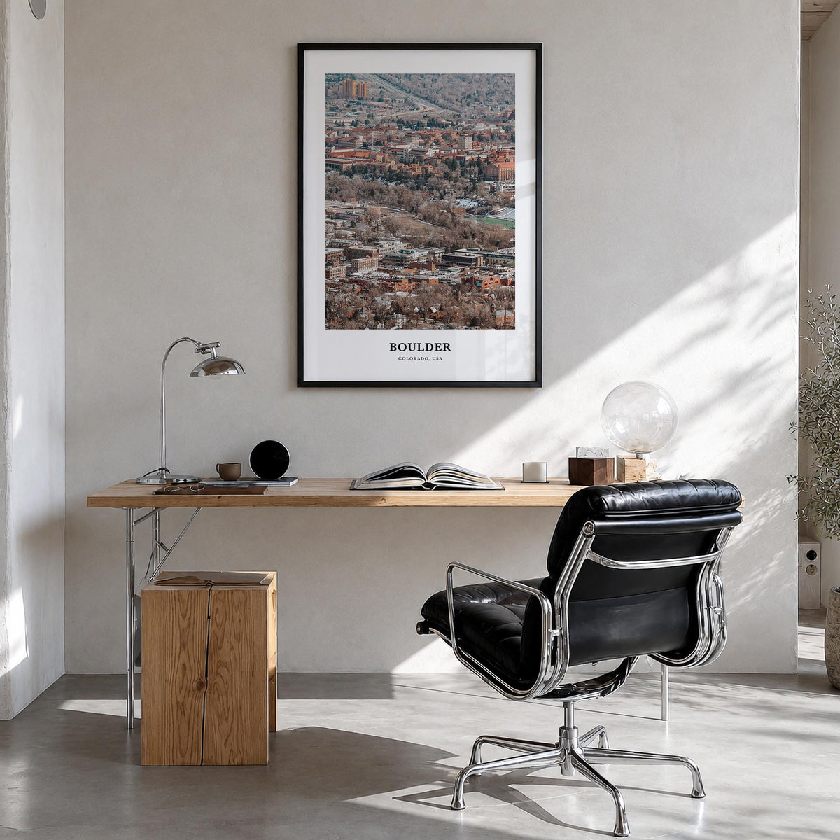 Boulder no. 2 colorful classic poster of Colorado, USA – vertical wall art in black wood frame, hanging on wall