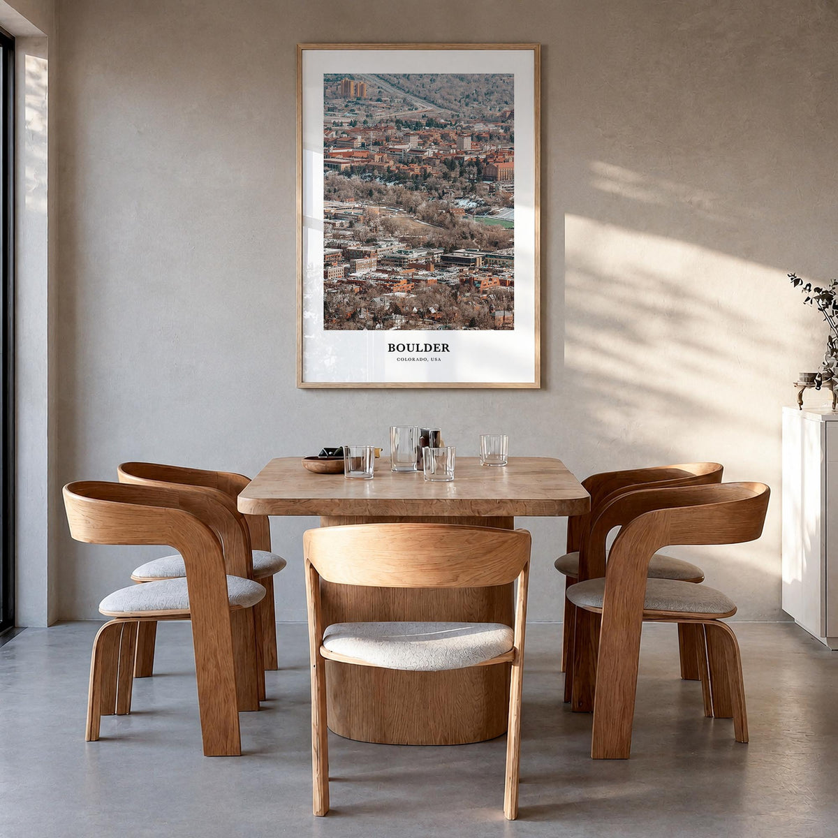 Boulder no. 2 colorful classic poster of Colorado, USA – vertical wall art in natural wood frame, hanging on wall