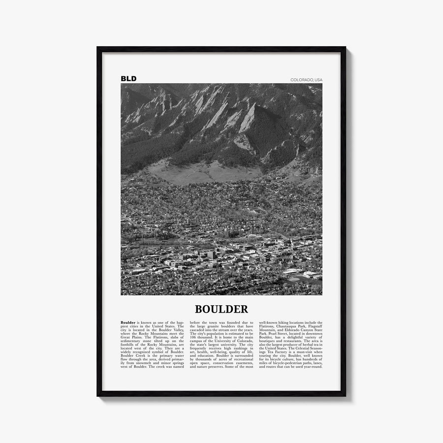 Boulder no. 3 black & white newspaper poster of Colorado, USA – vertical wall art, unframed print shown in interior mockup