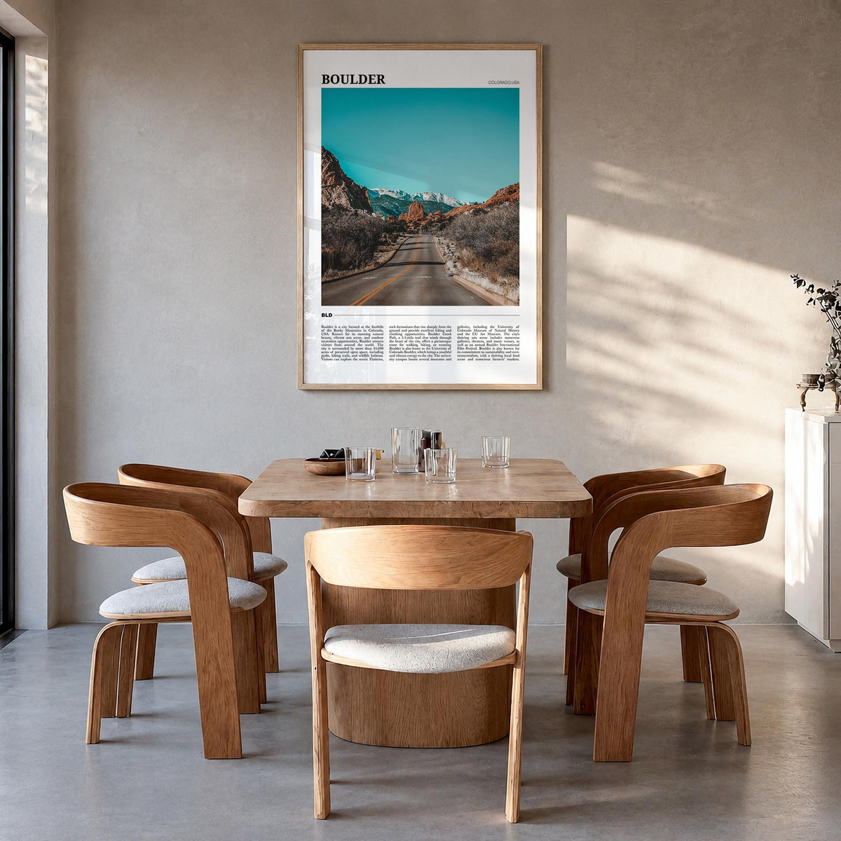 Boulder no. 3 colorful travel poster of Colorado, USA – vertical wall art in natural wood frame, hanging on wall