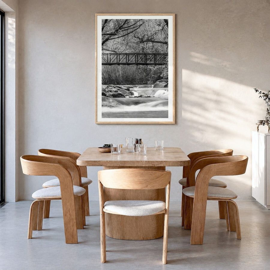 Boulder Photo No 2 Poster in a natural wood frame, hanging in a dining room, white border